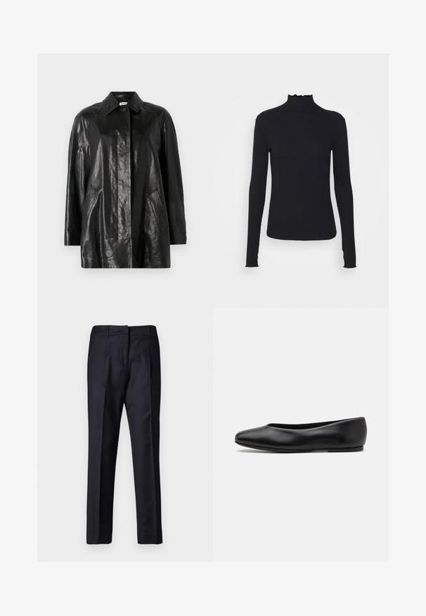Black leather jacket with a collared neckline, front button closure, two side pockets, and a relaxed fit. Smooth texture and minimalist design.; Black long-sleeve turtleneck top made of smooth fabric, featuring a ruffled neck and fitted silhouette with simple edges.; Navy tailored trousers with a smooth texture, featuring a flat front, dual pleats, and belt loops. Straight-leg cut, finished hem.; Paul Smith TOPANGA - Ballet pumps - black