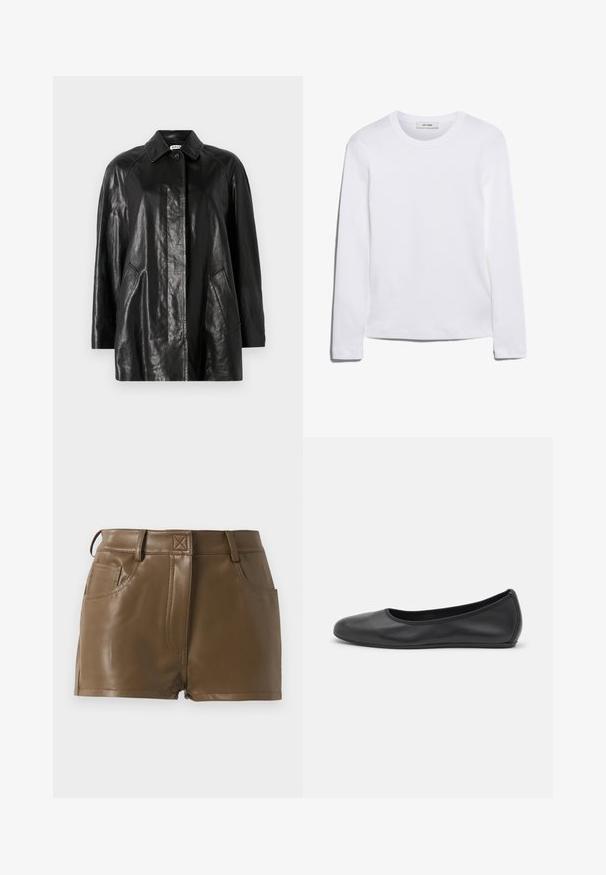 Black leather jacket with a collared neckline, front button closure, two side pockets, and a relaxed fit. Smooth texture and minimalist design.; Long-sleeve white T-shirt made of ribbed cotton, featuring a round neckline and a straight hem. Simple design with no patterns or accents.; Brown faux leather shorts with a fitted design, waistband with belt loops, front pockets, and visible stitching details.; Black leather ballet flat with a rounded toe, smooth texture, minimal stitching detail, and a flexible sole design.
