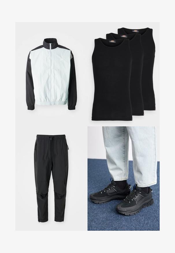 Lyseblå og svart vindjakke med høy krage, glidelåslukking, elastiske mansjetter og en hvit logo på brystet.; Sorte tanktopper i en pakke med tre. Ribbet tekstur, standard rund hals, uten ermer. Sømmen har en liten merkevarelogo nederst.; Svarte, lette bukser med elastisk midje, snor i midjen, glidelåslommer på siden, artikulerte knær og glidelåser ved ankelen.; Svarte sportssko med teksturert stoff og gummisåler, med elastiske lisser og en blå detalj på hælen. Brukt med lyse denimbukser.
