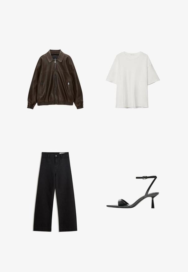 Brązowa skórzana kurtka pilotka z kołnierzowym dekoltem, dwoma zapinanymi na zamek kieszeniami, elastycznym pasem i teksturowanym wykończeniem. Miękki, swobodny design.; Biała koszulka z krótkim rękawem z okrągłym dekoltem i luźnym krojem. Wykonana z gładkiego materiału bez widocznych wzorów lub akcentów.; Czarne dżinsowe spodnie o szerokich nogawkach i wysokim stanie, z przednimi i tylnymi kieszeniami, przeszyciami oraz zapięciem na guziki. Gładka struktura.; Bershka - Sandały na obcasie