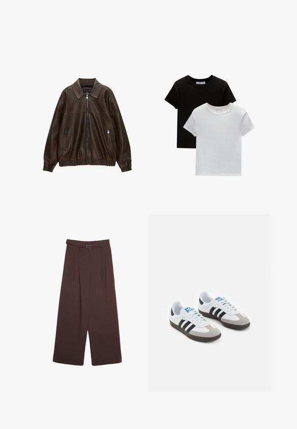 Hnědá kožená bomber bunda s límečkem, dvěma zipovými kapsami, elastickým pasem a texturovaným povrchem. Měkký, ležérní design.; Dvě trička s kulatým výstřihem v černé a bílé barvě, vyrobená z bavlny. Mají krátké rukávy a jednobarevný design bez vzorů nebo akcentů.; Stradivarius WIDE-LEG WITH BUCKLE DETAIL - Kalhoty - dark brown; Sportovní boty s bílým koženým svrškem, šedou semišovou špičkou a třemi černými pruhy. Obsahují modré logo na jazyku a texturovanou gumovou podrážku.