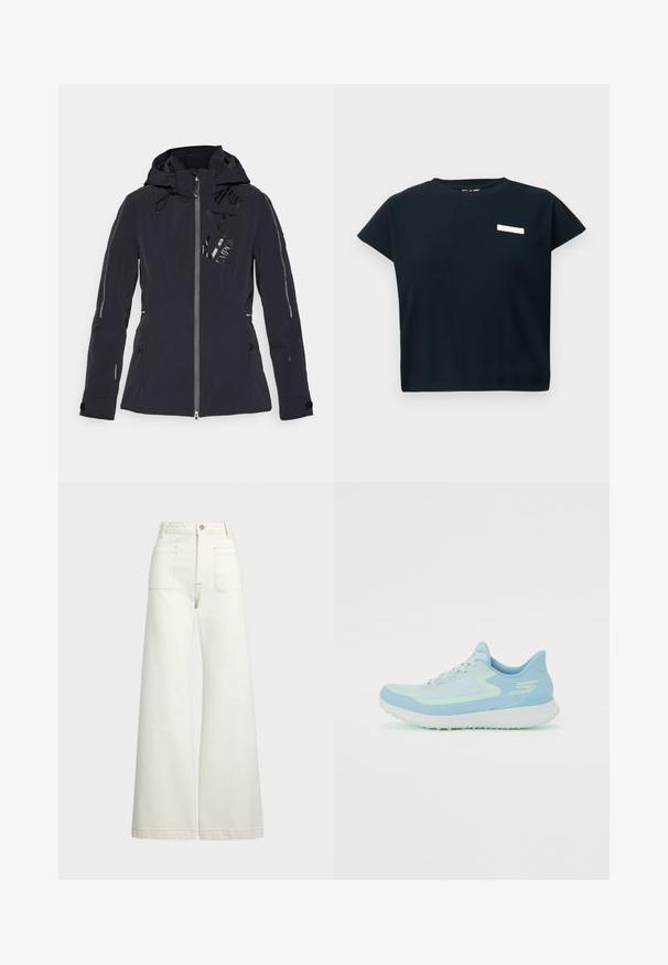 Casaco impermeável preto com capuz, apresentando um fecho éclair frontal, detalhes refletivos e um logótipo. Textura suave com um design ajustado.; Top preto canelado de mangas curtas com decote redondo, apresentando um pequeno rótulo branco no peito, feito de um tecido macio semelhante ao algodão.; Jeans de perna larga em denim off-white. Design de cintura alta com fecho de botão, dois bolsos frontais e detalhes de costura em contraste.; Sapatilha atlética azul claro com parte superior em malha, biqueira arredondada, sola almofadada e detalhes refletivos. Apresenta atacadores e um calcanhar que oferece suporte.