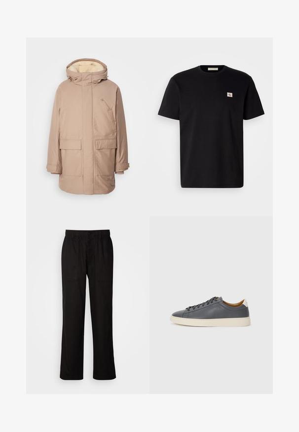 Beige isolert parka med hette, med et mykt, lysfarget innerfor, to frontlommer og en logo på brystet.; Svart bomull t-skjorte med korte ermer, rund hals og en liten brodert logo på venstre bryst. Glatt tekstur, normal passform.; Svart bukser med avslappet passform, laget av lett stoff. Har elastisk midjebånd, knapplukking og to frontlommer.; Grå skinnsneaker med rund tå, gummisåle, flate snører og lyse detaljer på hælen. Glatt tekstur og minimalistisk design.