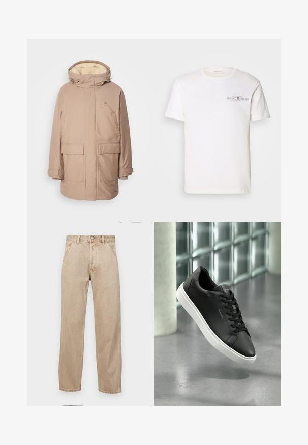 Beige insulated parka with a hood, featuring a soft, light-colored inner lining, two front pockets, and a logo on the chest.; White cotton t-shirt with a crew neck, short sleeves, and a printed logo. Features minimalist design and relaxed fit.; Beige denim jeans with a straight leg design, featuring front pockets, a metal button closure, and subtle texture.; Black leather sneaker with white rubber sole, round toe, and lacing. Features a smooth texture and subtle branding on the tongue.