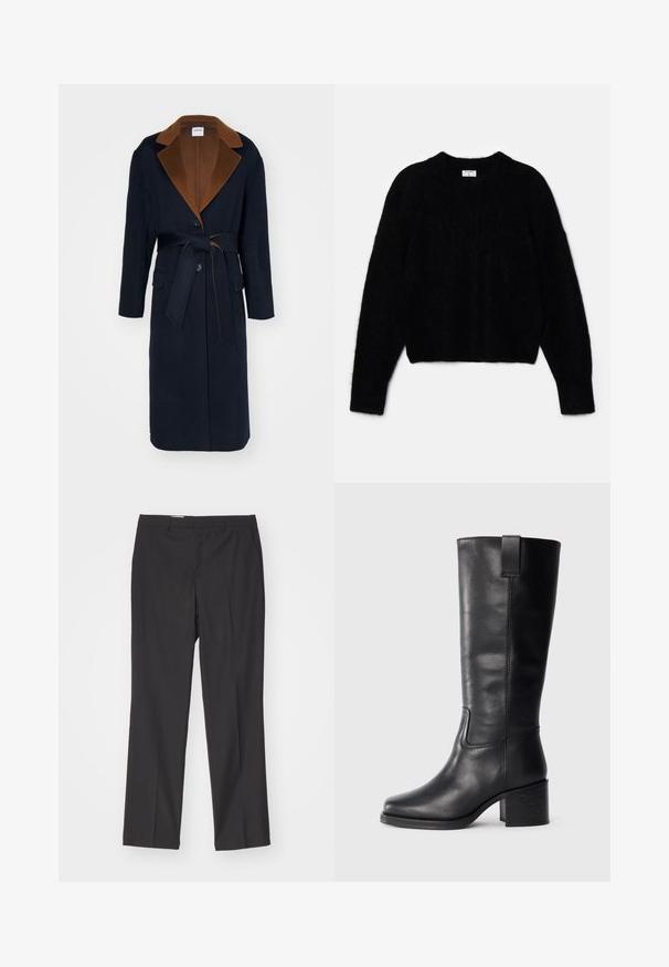 Námořnický vlněný kabát s hnědým límcem, dlouhými rukávy, předními knoflíky a opaskem v pase. Obsahuje dvě přední kapsy a přiléhavý střih.; Černý zkrácený svetr vyrobený z nadýchaného materiálu. Má kulatý výstřih a dlouhé rukávy se měkkou texturou. Minimalistický design, bez vzorů.; Černé kalhoty na míru s rovným střihem, vybavené poutky na opasek a hladkým povrchem, vyrobené z lehkého materiálu.; Černé kožené kozačky až ke kolenům s hladkým povrchem, čtveratou špičkou, širokým podpatkem a bočním poutkem, se minimalizovanými švy.