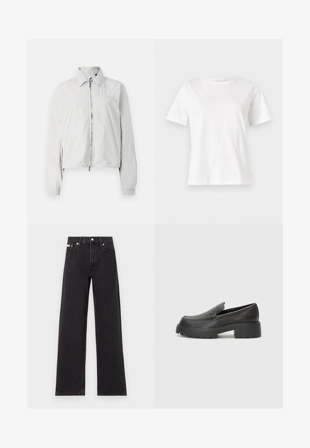Hele halli bomber-suurus, millel on kraega kaelus, lukuga esiots, elastsed mansetid ja veidi lühem hem. Sile kangastekstuuri.; Valge puuvillane T-särk lühikeste varrukatega, ümmarguse kaelusega ja vabalt istuv. Sile tekstuur, ilma mustrite ja aktsentideta, minimalistik disain.; Mustad laiad mustad teksad, millel on kõrge vöökoht, viie tasku stiil ja metallist nööpkinnitus kontrastsete õmblustega.; Mustad nahast loafers ümarate varvastega, paksu tekstuuriga tald ja minimaalsete õmbluse detailidega. Viimistletud disain, kus pole nähtavaid paelu ega riistu.