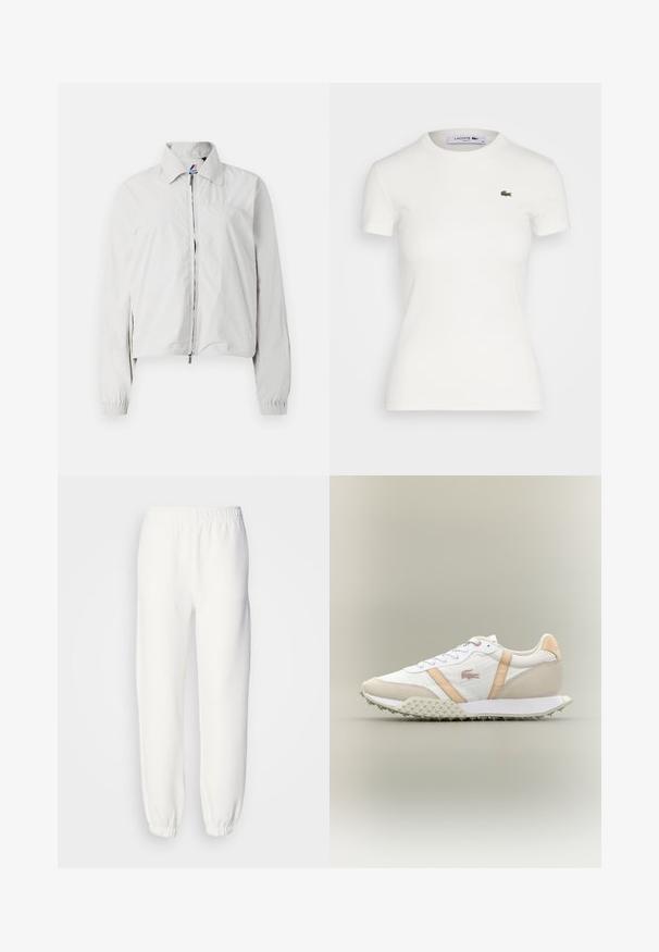 Jachetă bomber gri deschis, cu guler, închidere cu fermoar pe față, mânici elastice și o margine ușor scurtă. Textură de țesătură netedă.; Tricou alb cu mânecă scurtă, din material ribit, cu decolteu rotund și un mic logo cu crocodil verde Lacoste pe partea stângă a pieptului. Material din bumbac neted.; Pantaloni de trening albi dintr-un material tricotat moale. Talie și manșete elastice pentru un confort sporit. Design minimalist, fără modele sau accente vizibile.; Sneakeruri joase alb și bej, cu talpă texturată, sistem de închidere cu șiret și dungi bej pe laterale, pe un fundal neutru.