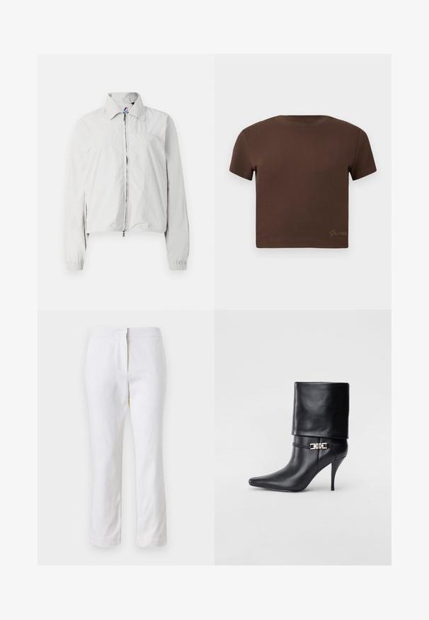 Gaiši pelēks bomberjakas, ar apkakli, rāvējslēdzēja priekšpusi, elastīgām piedurknēm un nedaudz izgrieztu apakšdaļu. Gluda auduma tekstūra.; Brūns īsais krekls, kas izgatavots no mīkstas kokvilnas, ar īsām piedurknēm un apaļu apkakli. Apakšā ir diskretais "Guess" logo zeltītā krāsā.; Baltas kokvilnas bikses ar taisnu kāju dizainu, ar vidēju augstumu un bez redzamām detaļām vai rakstiem. Visā virsmā ir gluda tekstūra.; Melnas ādas potīšu zābaki ar smailu purngalu, augstu stiletto papēdi, salocītu aproci un zeltītu dekoratīvu sprādzi uz potītes.