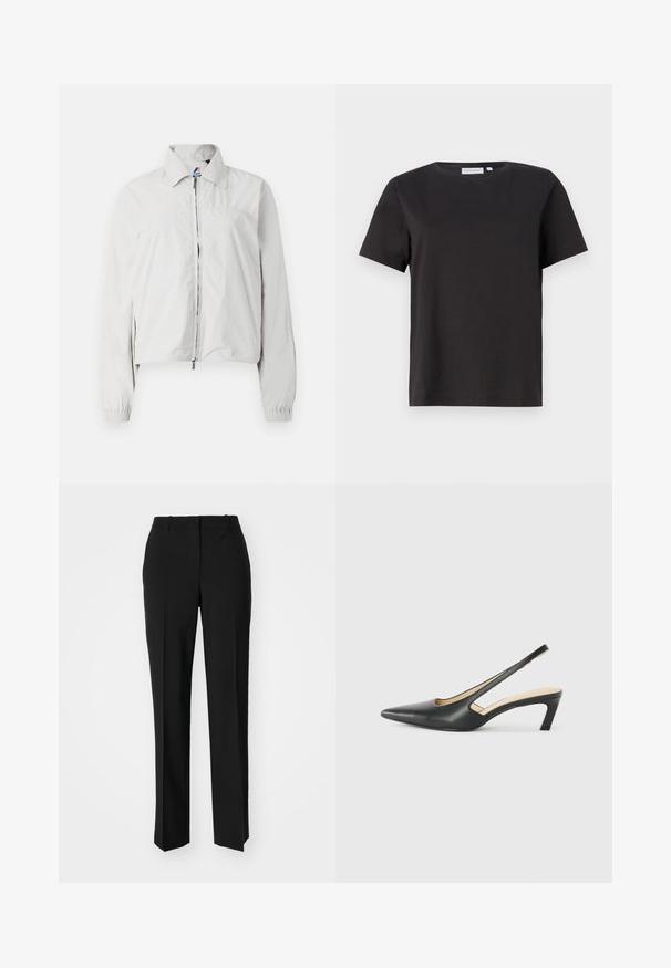 Light gray bomber jacket, featuring a collared neckline, zip-front closure, elastic cuffs, and a slightly cropped hem. Smooth fabric texture.; Black cotton t-shirt with short sleeves, a crew neckline, and a simple, clean design. No visible patterns or embellishments.; Black tailored trousers with a straight-leg design, featuring a smooth texture and crisp creases along the front. No visible hardware.; Black pointy-toed slingback shoe with a low heel, featuring smooth leather material and cut-out design on the side for breathability.