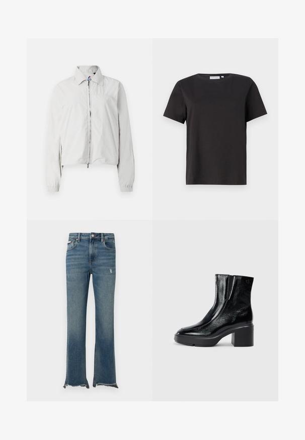 Light gray bomber jacket, featuring a collared neckline, zip-front closure, elastic cuffs, and a slightly cropped hem. Smooth fabric texture.; Black cotton t-shirt with short sleeves, a crew neckline, and a simple, clean design. No visible patterns or embellishments.; Blue denim jeans with slight distressing, raw frayed hems, front pockets, belt loops, and a button closure.; Black patent leather ankle boots with a curved toe, elastic side panels, and a chunky block heel. Features embossed logo on the back.