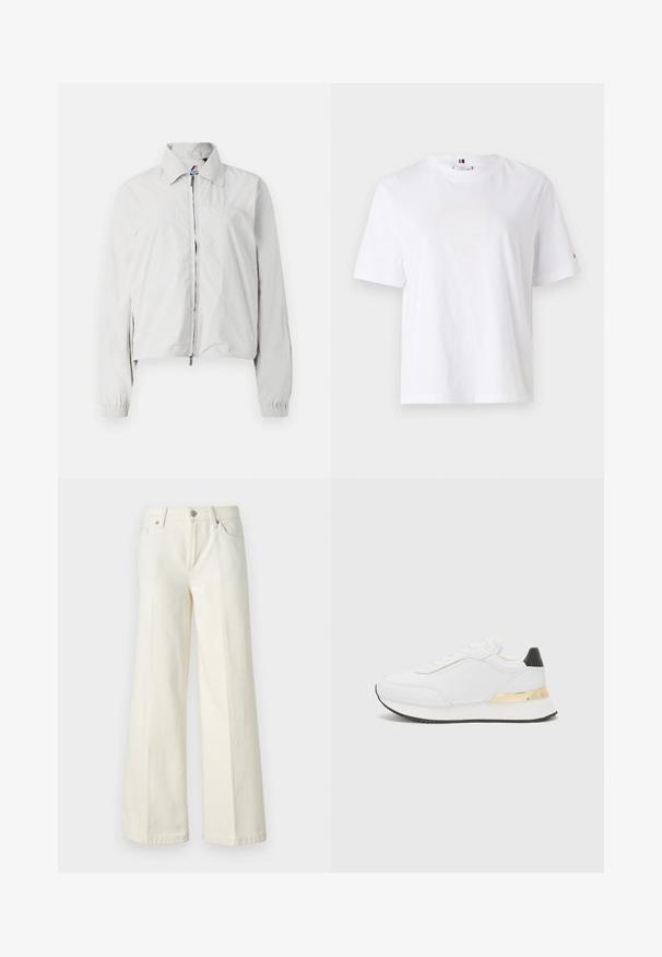 Gaiši pelēks bomberjakas, ar apkakli, rāvējslēdzēja priekšpusi, elastīgām piedurknēm un nedaudz izgrieztu apakšdaļu. Gluda auduma tekstūra.; Balts kokvilnas T-krekls ar apaļu kaklu, īsām piedurknēm un smalku dzeltenu logo dizainu, kas lasa "HILFIGER NEW YORK 1985". Standarta izgriezums.; Platās kāju baltās džinsas, izgatavotas no kokvilnas maisījuma auduma. Tām ir rāvējslēdzēja josta, piecu kabatu dizains un šuvju izšuvumi gar šuvēm.; Baltas sporta apavs ar gludu virsmu, ar melnu papēža akcentu un zeltītu metāla detaļu uz vidus zoles. Saista dizains, gumijas zole.