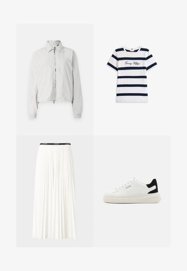 Lys grå bomberjakke med krave, lynlås foran, elastiske manchetter og en let cropped afslutning. Glat stoftekstur.; T-shirt i bomuld med vandrette marineblå striber på en hvid baggrund. "Tommy Hilfiger" broderet i kursiv på brystet. Rund hals.; Plisseret hvid nederdel med en sort elastisk talje, der har "LACOSTE"-logoet. Mellemlang design med blød tekstur.; Hvide lædersneakers med en tyk hvid sål, sort ruskindhælvægt og prægede logoer på siden. Snørebåndsdesign med seks øjer.