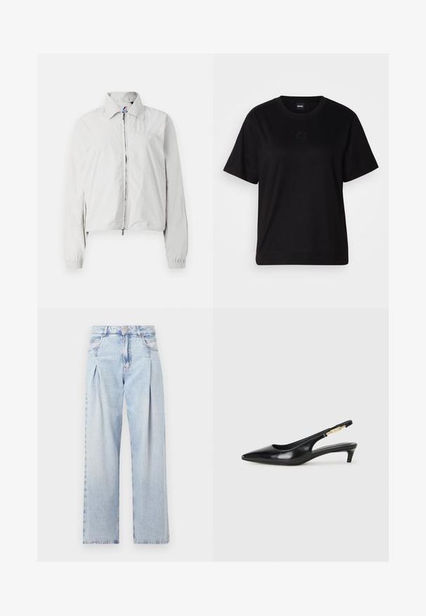Lys grå bomberjakke med krage, glidelås foran, elastiske cuffs og en litt cropped hem. Glatt stoffstruktur.; Svart bomull T-skjorte med rund hals, korte ermer og et brodert logo på brystet. Enkel, avslappet passform uten mønstre.; Lyseblå denimjeans med høy livlinje, vide ben, to sidelommer og plisserte detaljer. Myk tekstur med en falmet finish.; Sorte lærreim hæler med spiss tå, som har en slank hæl og en gullfarget detalj på den justerbare stroppen. Glatt tekstur.