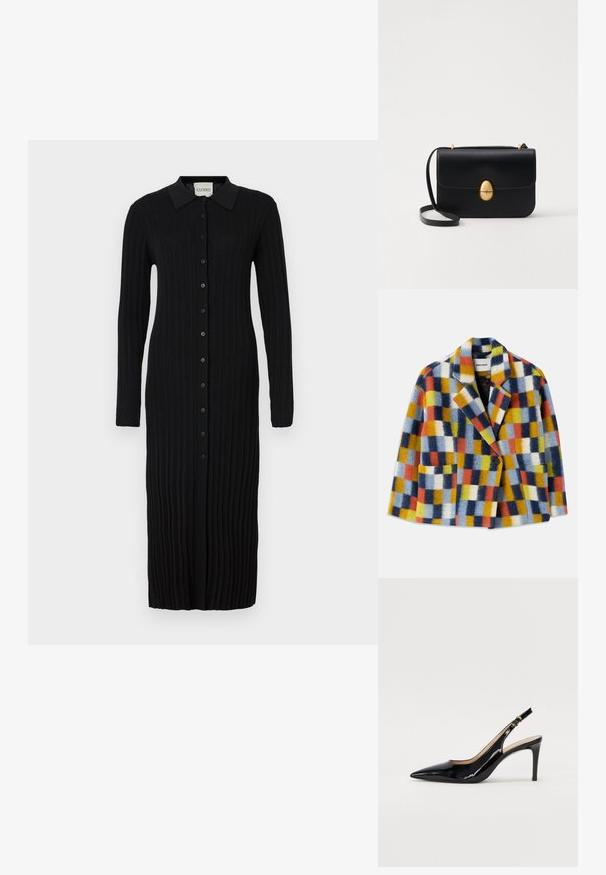 Krāsains vilnas žakets ar ģeometrisku pārbaudi zilā, oranžā, dzeltenā, baltā un melnā krāsā, ar atloks un vienu pogu aizdari.; Melna ribota adīta kleita ar garām piedurknēm, apkakli un pogām priekšā. Audums ir teksturēts ar vertikālām līnijām.; Melnas lakotās ādas slingback kurpes ar izteiktu degunu, šauru papēdi un smalku izgriezumu dizainu. Siksniņai ir zelta sprādze.; Melnas ādas rokassomu ar strukturētu taisnstūra formu. Iespējas zelta ovāla slēdzis un plāns plecu siksna. Gluda tekstūra.