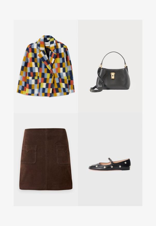 Colorful wool blazer with geometric check pattern in blue, orange, yellow, white, and black, featuring lapels and a single button closure.; Cream cable-knit sweater with a collared neckline, four button placket, ribbed cuffs, and a small logo patch at the hem.; Brown suede skirt featuring a classic A-line shape, two front pockets with rounded flaps, and subtle stitching details.; Black leather Mary Jane flat shoe with a rounded toe, featuring silver circular studs and an adjustable strap with a buckle.; Black leather handbag with a textured finish, featuring a gold lock closure, short handle, and a detachable shoulder strap.