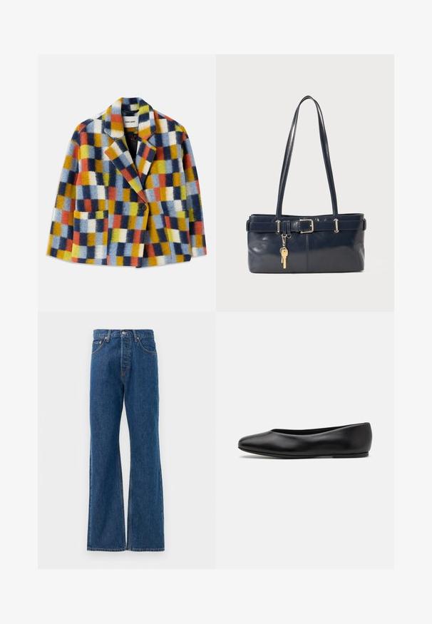 Kolorowy wełniany żakiet w geometryczny wzór w kratę w kolorze niebieskim, pomarańczowym, żółtym, białym i czarnym, z klapami i zapięciem na jeden guzik.; Koszula w paski z białą bazą, z wąskimi wielokolorowymi liniami w odcieniach niebieskiego, pomarańczowego i zielonego. Długie rękawy i klasyczny kołnierzyk.; Niebieskie dżinsy z rozszerzanymi nogawkami, wysokim stanem, pięcioma kieszeniami, zapięciem na srebrny guzik i widocznymi przeszyciami.; Paul Smith TOPANGA czarny; Granatowa skórzana torebka z dwoma długimi uchwytami, detalem w postaci klamry oraz dołączonym breloczkiem. Charakteryzuje się gładką teksturą i prostokątnym kształtem.