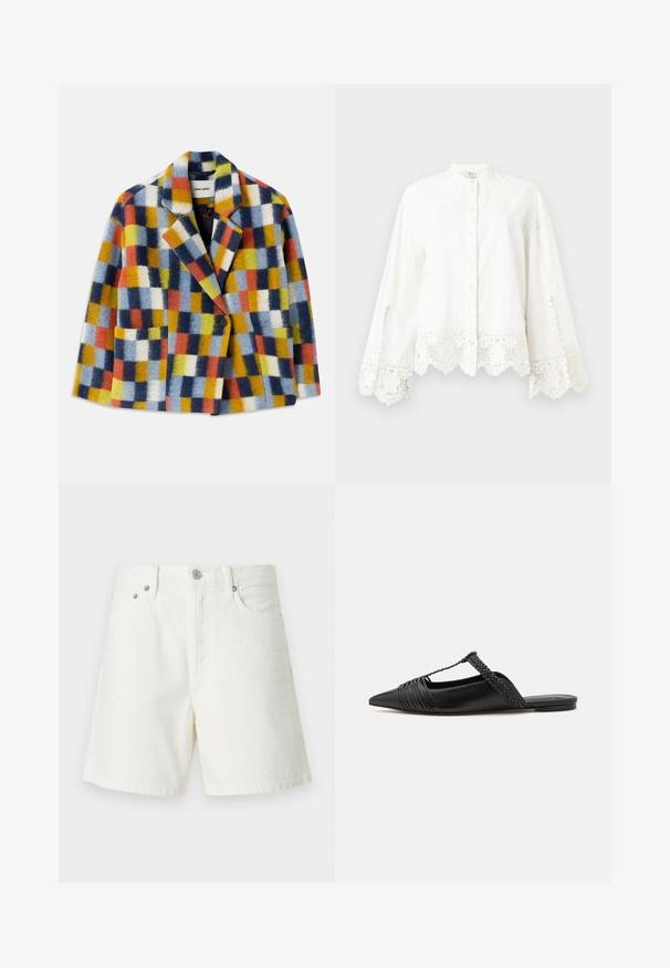 Värikäs villablazer, jossa on geometrisk rutmönster i blått, orange, gult, vitt och svart, med slag och en enkel knäppning.; Valkoinen pitkähihainen napitettava paita, jossa on pitsikoristelu hihoissa ja helmassa, mandariinikaulus ja hienovaraiset koristeompeleet.; Valkoiset farkkushortsit suoralinjaisella leikkauksella, viiden taskun muotoilulla, edessä napituksella, hopeisilla yksityiskohdilla ja ommelluilla yksityiskohdilla.; Musta nahkasandaali, jossa on terävä kärki, somistettuna kudotulla yksityiskohdalla ja pleatatuilla yläosilla. Litteä pohja, jossa on vähäisiä tarvikkeita.