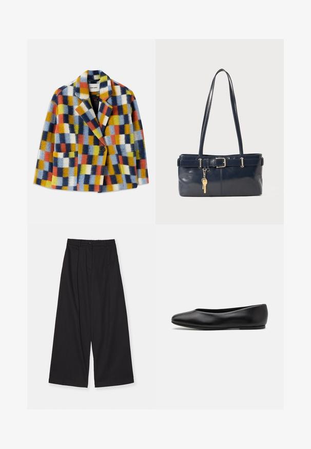 Blazer in lana colorato con motivo a scacchi geometrico nei colori blu, arancione, giallo, bianco e nero, dotato di rever e chiusura con un solo bottone.; Camicia bianca a maniche lunghe con bottone in un morbido mix di cotone. Presenta un colletto classico, chiusura frontale con bottoni e polsini arrotondati.; Pantaloni neri a gamba larga realizzati in un tessuto liscio, con vita alta, pieghe frontali, chiusura con bottone e silhouette dritta.; Paul Smith TOPANGA - Ballerine - black; Borsa a mano in pelle blu con due manici lunghi, un dettaglio con fibbia e un portachiavi attaccato. Presenta una texture liscia e una forma rettangolare.