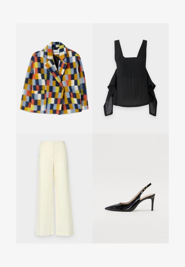 Värviline villane bleiser geomeetrilise ruudumustriga sinises, oranžis, kollases, valges ja mustas, millel on kaelused ja ühekordne nööp kinnitamiseks.; Mustamata ilma varrukat top, ruudukujulise kaeluse, voolava kangas, ebaühtlase serva ja tekstuuriga detailidega.; Faithfull the brand LULEA PANT - Püksid - white; Must hõbedavärvi patendiga slingback kontsakingad terava varbaga, kitsas konts ja peene lõikega disain. Statistika on kuldne pandla rihmal.