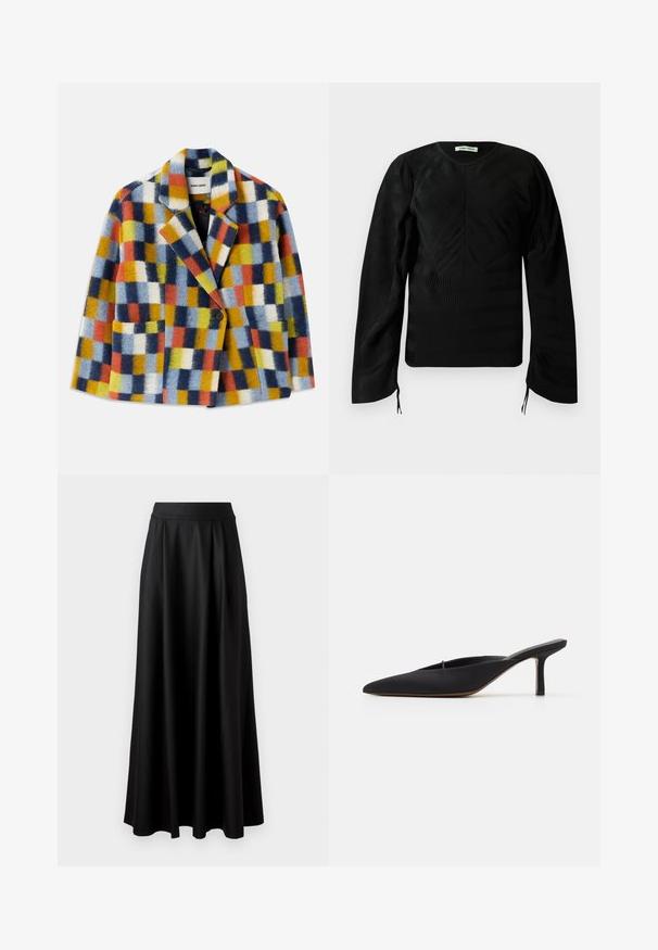 Colorful wool blazer with geometric check pattern in blue, orange, yellow, white, and black, featuring lapels and a single button closure.; Black long-sleeve textured top with subtle wavy patterns, crew neckline, slightly puffed shoulders, and small ties at the sleeve ends.; Black, floor-length skirt with a smooth texture, wide waistband, and pleated design, featuring no visible patterns or embellishments.; Black pointed-toe mule with a sleek design, made of smooth fabric, featuring a slender heel and open back for easy wear.