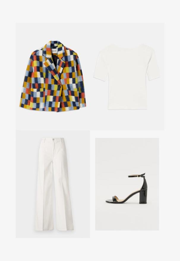 Spalvingas vilnonis švarkas su geometriniu langelių raštu mėlynos, oranžinės, geltonos, baltos ir juodos spalvoms, turintis atvartus ir vieną mygtuką.; Balta raukšlėta trumpomis rankovėmis palaidinė su plačiu kaklu. Tekstūra turi vertikalias juosteles, pabrėžiančias tvirtą prigludimą ir paprastą dizainą.; Balti platūs baltos spalvos keliai, pagaminti iš medvilnės su lygiu paviršiumi. Yra priekinis mygtukas, užtrauktukas ir keturi kišenės.; Juodas lakinės odos sandalai su plačiu kulnu, atvira koja ir kulkšnies juostele, turinčia auksinę sagtį. Lygi tekstūra ir elegantiškas dizainas.