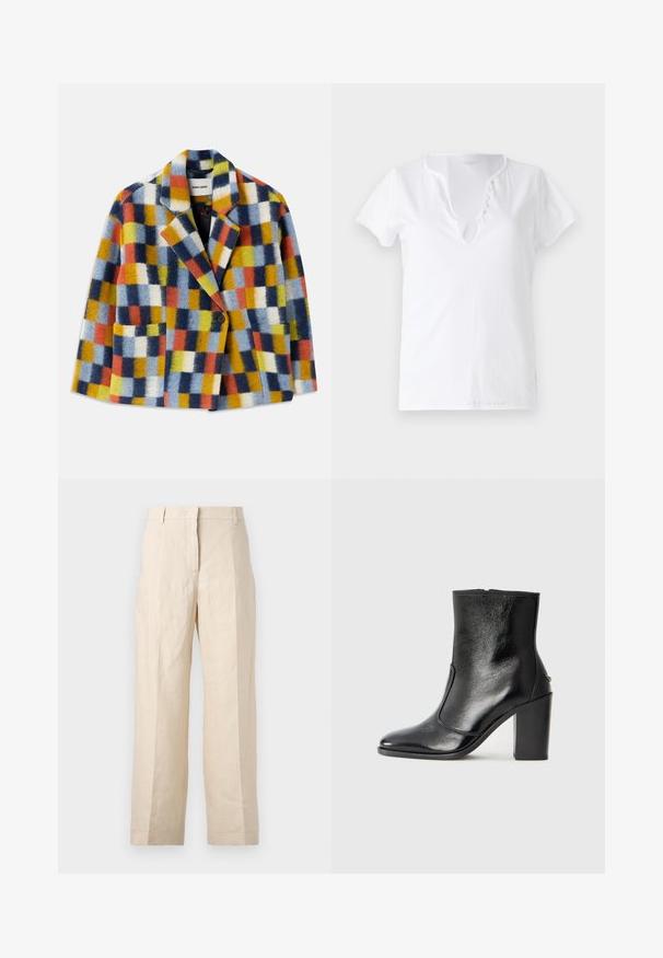 Krāsains vilnas žakets ar ģeometrisku pārbaudi zilā, oranžā, dzeltenā, baltā un melnā krāsā, ar atloks un vienu pogu aizdari.; Balta kokvilnas T-kreklis ar īsām piedurknēm, brīvpiekļuve, un V-veida kakla izgriezums ar piecām dekoratīvām pogām.; Bežīgas lina bikses ar brīvu piegriezumu, krokām priekšā un taisnām kājām. Piedāvā jostu ar cilpiņām un bez redzamām kabatām.; Melnas ādas potīšu zābaki ar gludu tekstūru, smailu purngalu un masīlu augstu papēdi. Iekļauts sānu atvērums un minimālistisks dizains.