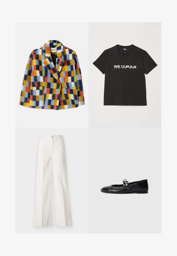Colorful wool blazer with geometric check pattern in blue, orange, yellow, white, and black, featuring lapels and a single button closure.; Black cotton t-shirt with short sleeves, featuring a printed white and gray "THE 2LOOK" design across the front. Classic crew neck.; White wide-leg trousers made from cotton with a smooth texture. Features a front button, zipper fly, and four-pocket design.; Black leather ballet flats with a pointed toe, featuring a strap with a circular metallic buckle and a flat sole.