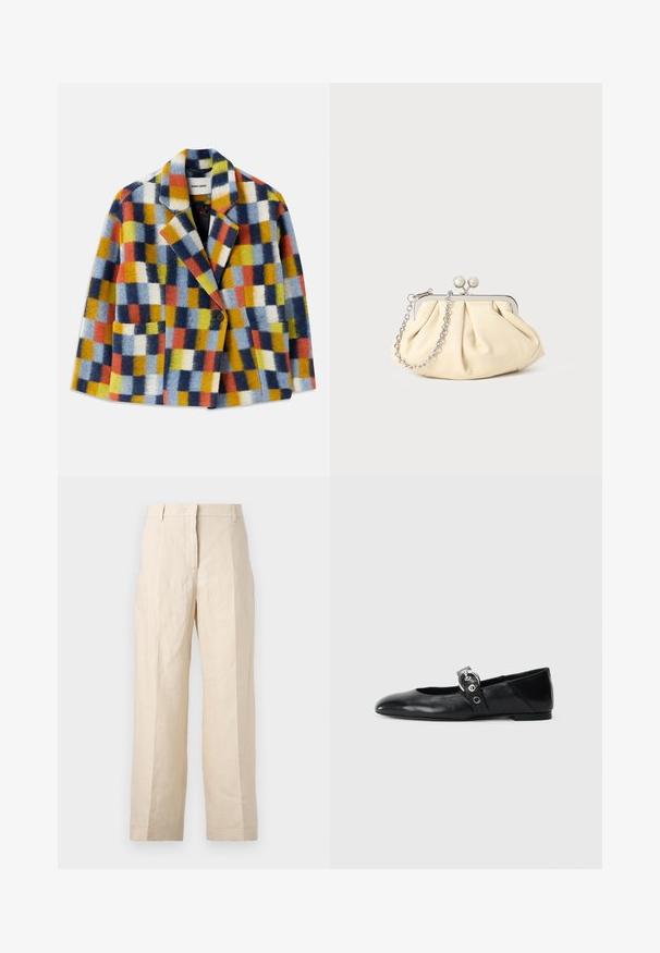 Blazer din lână colorat cu model geometric în carouri de culoare albastră, portocalie, galbenă, albă și neagră, având rever și închidere cu un singur nasture.; Tricou negru cu mânecă scurtă, confecționat din bumbac moale, cu un gât rotund și o croială clasică. Textură netedă, fără modele sau broderii.; Pantaloni din in bej cu croială lejeră, cu față pliată și picioare drepte. Prezintă un brâu cu bucle pentru curea și fără buzunare vizibile.; Balerini din piele neagră, cu vârful ascuțit, având o curea cu o cataramă metalică circulară și o talpă plată.; Clutch din piele plisată bej, cu un cadru din metal argintiu, având două închideri decorative rotunde și o curea din lanț argintiu.