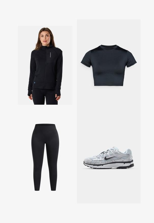 Schwarze Zip-Jacke mit hochgeschlossenem Kragen, tailliertem Schnitt und Daumenlöchern. Verfügt über eine mit Reißverschluss verschließbare Brusttasche. Hergestellt aus weichem, dehnbarem Material.; Kurzärmeliges, bauchfreies Top in Dunkelblau, hergestellt aus glattem, elastischem Stoff. Verfügt über einen runden Ausschnitt und minimale Nahtdetails. Keine sichtbaren Logos.; Hochbundige schwarze Leggings aus dehnbarem Stoff mit glatter Oberfläche und knöchellanger Passform. Keine Muster oder sichtbaren Hardwaredetails.; Nike P-6000 Sneakers mit einem Obermaterial aus leichtem grauem Mesh, schwarzen Akzenten und einer langlebigen schwarzen Gummisohle. Verfügt über ein komplexes Design und ein Schnürsystem.
