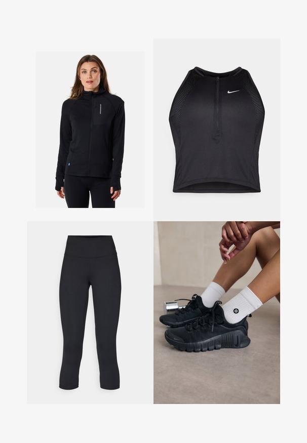 Giacca nera con zip, colletto alto, design aderente e fori per il pollice. Presenta una tasca sul petto con zip. Realizzata in materiale morbido ed elastico.; Top corto atletico nero con zip frontale, dettagli in rete e un design aderente. Realizzato in tessuto elasticizzato e traspirante. Logo Nike sul davanti.; Leggings cropped neri realizzati in tessuto elasticizzato, con vita alta e texture liscia, senza motivi o componenti visibili.; Scarpe da ginnastica nere con tessuto texturizzato, design con lacci e suola prominente, abbinate a calze bianche a coste con un piccolo logo.