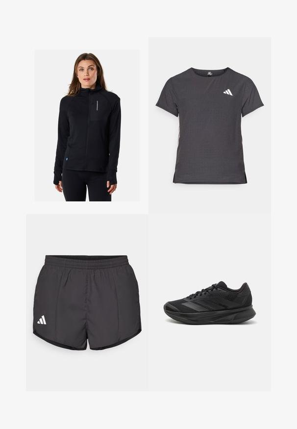 Schwarze Zip-Jacke mit hochgeschlossenem Kragen, tailliertem Schnitt und Daumenlöchern. Verfügt über eine mit Reißverschluss verschließbare Brusttasche. Hergestellt aus weichem, dehnbarem Material.; Kurze Ärmel Sport-T-Shirt, dunkelgrau mit durchbrochener Textur. Enthält ein weißes Logo und kontrastierende Seitenstreifen. Runder Ausschnitt.; Schwarze Sportshorts aus leichtem Material, mit einem elastischen Bund und einem weißen Adidas-Logo auf der unteren linken Seite.; Schwarzer Laufschuh mit einem atmungsaktiven Mesh-Obermaterial, runder Zehenpartie, schlankem Design, strukturierten Akzenten und einer gepolsterten Sohle für Komfort.