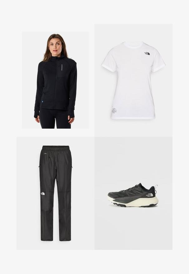 Svart zip-up jacka med hög krage, figursydd design och tumhål. Har en zip-försedd bröstficka. Tillverkad av mjukt, elastiskt material.; Vit bomullströja med en svart logotyp på vänster bröst och en grå grafisk design längst ned till höger. Klassisk rund hals och korta ärmar.; Svarta vattentäta byxor i lättviktsmaterial, med elastisk midja, sidofickor och en logotyp på vänster ben.; Svart atletisk sko med en texturerad ovandel, med grå accenter och en vit mellanläggssula. Inkluderar en dragtab och en framträdande varumärkeslogotyp på hälen.