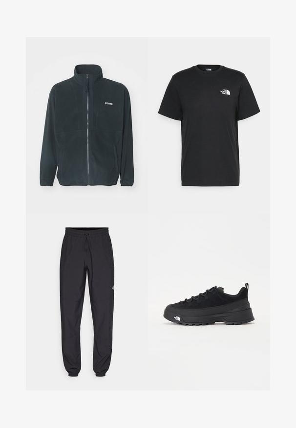 Giacca in pile nera con colletto alto, zip frontale completa e due tasche laterali. Include un logo discreto nella zona del petto.; T-shirt nera in cotone con maniche corte, colletto a giro, e un piccolo logo bianco sul lato sinistro del petto. Design semplice, texture liscia e vestibilità rilassata.; Pantaloni sportivi neri realizzati in tessuto leggero, con vita regolabile con cordino, tasche laterali e orli affusolati alle caviglie.; Sneaker da esterno nera con parte superiore in suede, suola in gomma testurizzata e robusto sistema di allacciatura. Presenta un tallone rinforzato e il logo del marchio sul lato.