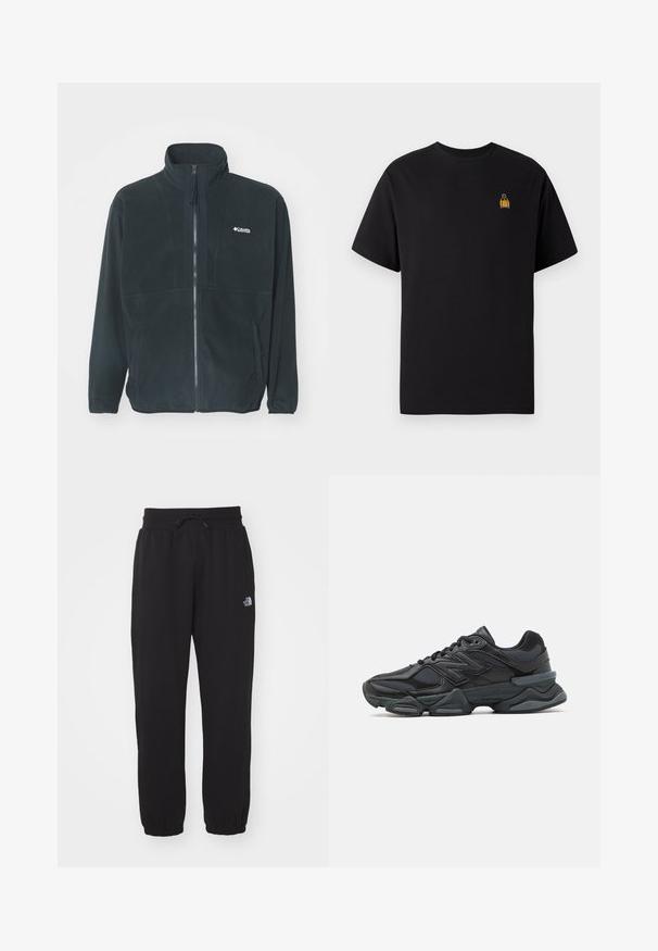 Svart fleece-jakke med høy krage, fullfor først i glidelås, og to sidelommer. Inkluderer subtilt logo på brystområdet.; Svart bomull T-skjorte med korte ermer, rund hals og en liten gul brodert design på venstre brystområde.; Sorte joggebukser laget av mykt stoff, med elastisk midjebånd med snor, avskåret ankel, og en liten logo på den øvre låret.; Svart løpesko med en blanding av mesh og syntetiske materialer, chunky såle, buet design og fremtredende merkevare på siden.