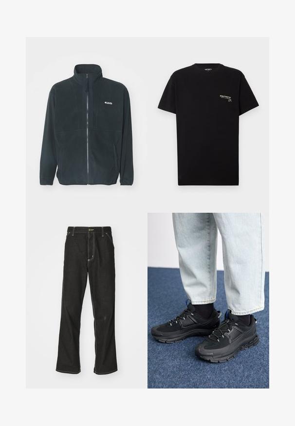 Fekete polárdzseki, magas gallérral, teljes elöl cipzárral és két oldalsó zsebbel. Diszkrét logó található a mellkas területén.; Fekete pamut póló rövid ujjal, kerek nyakkivágással, és egy kis fehér logóval a bal mellrészen.; Fekete farmernadrág laza szabással, kontrasztos fehér varrással, gombos záródással és egyenes lábmegoldással.; Fekete sportcipők texturált anyaggal és gumitalppal, elasztikus fűzőkkel és kék kiegészítővel a saroknál. Világos farmernadrággal viselve.