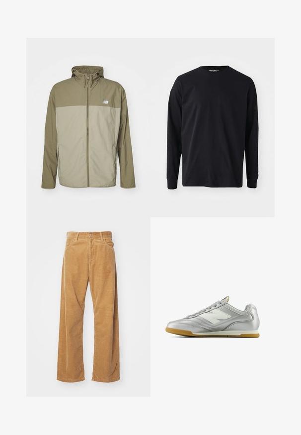Olive roheline, kerge tuulejope pooltõmbe disainiga, reguleeritava kapuutsiga ja kontrastse halli paneeliga rinnaesisel.; Must musta varrukatega T-särk, mis on valmistatud puuvillast, ümmarguse kaelusega ja sirge lõikega, väikese logodetailiga varrukal.; Karedžvõrkudega laiade jalgade püksid beežikas värvuses. Omab tekstuuriga vertikaalseid triibusid, tavalist vöökohta ja kahte esipoolt taskut.; Hõbedane spordijalats sileda, läikiva pinnaga, valge logo küljes, tekstuuriga hallid paelad ja kummist soe põhi.