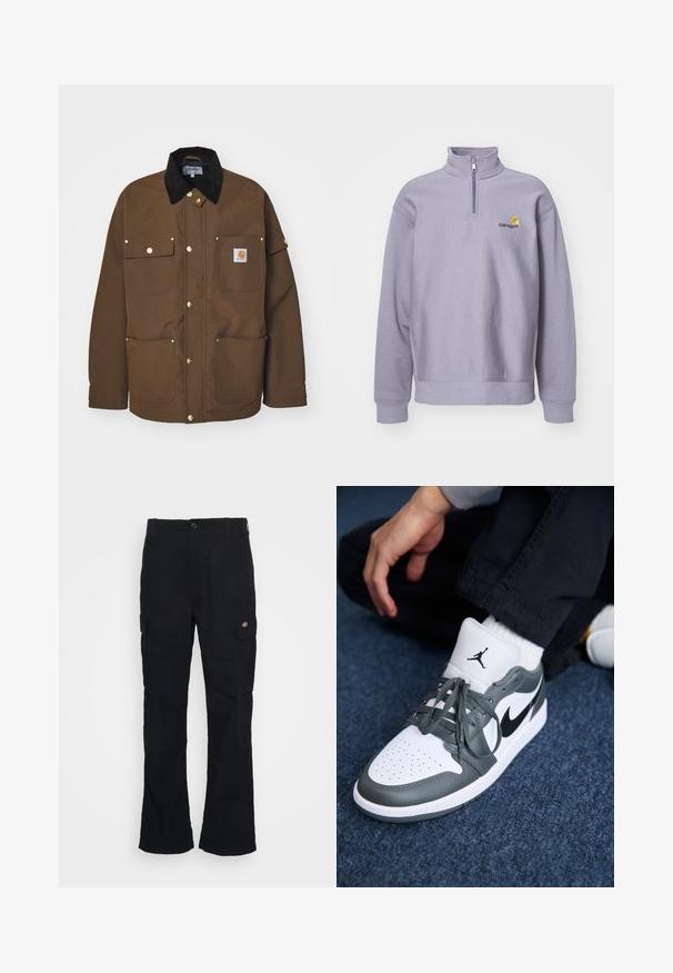 Brown jacket made of durable fabric, featuring a black corduroy collar, gold buttons, and multiple pockets with a logo patch.; Light purple pullover sweatshirt with high collar, half-zip closure, and ribbed cuffs. Features logo in dark maroon and yellow accents.; Black cargo pants with a straight leg design, made from durable fabric, featuring side pockets and a patch logo on the left side.; Nike Air Jordan 1 sneakers in white and gray leather, featuring a black logo, perforated toe, and flat gray laces.