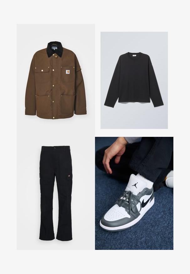 Bruine jas van duurzame stof, met een zwart corduroy kraag, gouden knopen en meerdere zakken met een logo patch.; Zwarte longsleeve T-shirt van zachte stof. Heeft een ronde hals en een relaxte pasvorm. Naadtoeslagen op de schouders, minimalistisch ontwerp.; Zwarte cargobroek met een rechte pijpdesign, gemaakt van duurzaam materiaal, voorzien van zijzakken en een patchlogo aan de linkerkant.; Nike Air Jordan 1 sneakers in wit en grijs leer, met een zwart logo, geperforeerde neus en platte grijze veters.