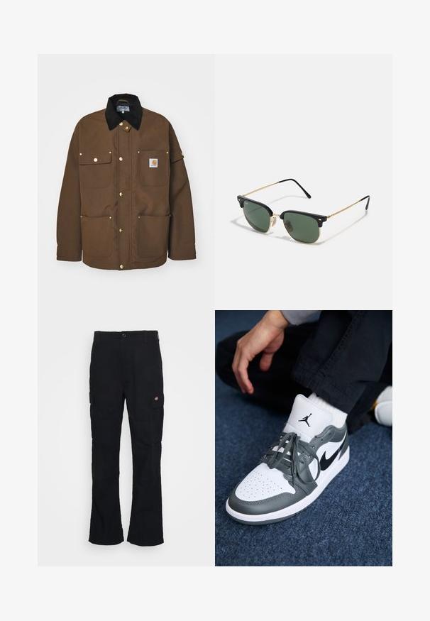 Brun jakke lavet af slidstærkt stof med en sort kordfløjlskrave, guldknapper og flere lommer med et logo-patch.; Sort langærmet T-shirt lavet af blødt stof. Har en rund hals og en afslappet pasform. Søm detaljer på skuldrene, minimalistisk design.; Sorte cargo bukser med lige ben-design, fremstillet af slidstærkt stof, med sidelommer og et patch-logo på venstre side.; Nike Air Jordan 1 sneakers i hvidt og grå læder, med et sort logo, perforeret tå og flade grå snørebånd.; Solsikker med grønne linser, sort plastisk overramme, guld metal accenter og slanke sorte stelarme. Har et karakteristisk brodesign.