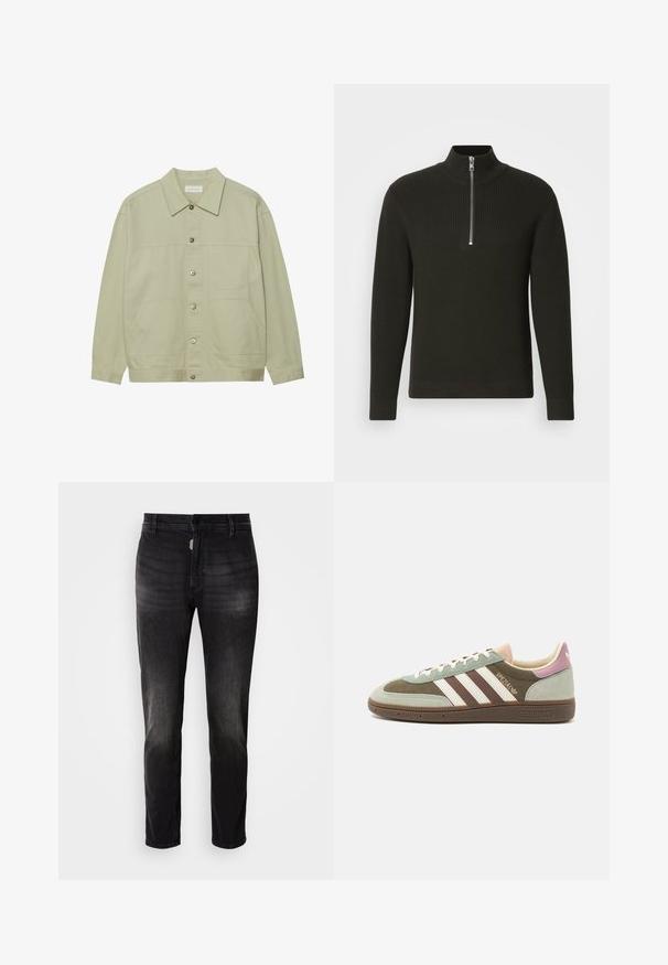 Svetlozelená, zapínacia bunda z bavlny. Disponuje dvoma prednými vačkovými vreckami a klasickým golierom. Textúrovaná tkanina s hladkým povrchom.; Čierny rebrovaný pletený sveter s vysokým golierom a krátkym zipsom, ktorý má dlhé rukávy a priliehavý strih.; Čierne denimové džínsy so strihom rovného strihu, s gombíkovým zapínaním, piatimi vreckami a jemným vyblednutím textúry látky.; Mokasíny z semišu a textilu v zelenej, hnedej a béžovej farbe s tromi bielymi pruhmi. Obsahujú svetloružový akcent na päte a textúrovanú podrážku.