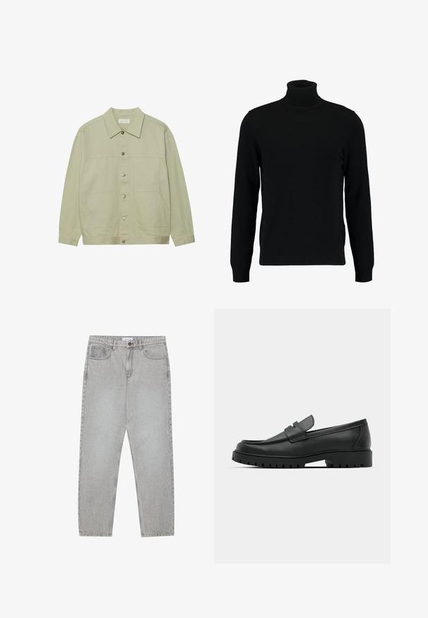 Lichtgroene, knoopsluiting jas van katoen. Voorzien van twee voorste opgestikte zakken en een klassieke kraag. Gelaagd stof met een gladde afwerking.; Zwarte coltrui gemaakt van een zacht breimateriaal. Heeft lange mouwen, een geribbelde kraag en zoom. Eenvoudig, strak ontwerp zonder patronen.; Lichtgrijze denimbroek met een recht model, vijfzakkenstijl en een knoopsluiting. Zichtbare stiksels langs de naden.; Zwarte leren instappers met een ronde neus, voorzien van een gestikt ontwerp, een lage platformzool en een gestructureerde, grof rubberen buitenzool.