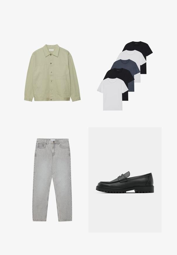 Světle zelená, zapínací bunda vyrobená z bavlny. Obsahuje dvě přední náprsní kapsy a klasický límeček. Texturovaná látka s hladkým povrchem.; Sada pěti triček v černé, bílé a námořnické modré barvě. Bavlněná tkanina, krátké rukávy, kulatý límec a hladký povrch bez vzorů.; Světlé šedé džíny s rovnými nohavicemi, pět kapsami a knoflíkovým zapínáním. Viditelné švy podél švů.; Černé kožené mokasíny s kulatou špičkou, zdobené prošitím, s nízkou platformou a texturovanou gumovou podrážkou s drážkováním.
