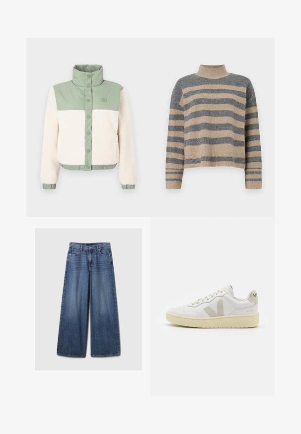 Kratka jakna z mehkimi kremnimi flisnimički, zelenimi najlonskimi rameni in stoječim ovratnikom z zapiranjem na gumb. Elastični spodnji rob in manšete.; Prajčast pulover z šivi v sivi in bež barvi, visokim ovratnikom, širokimi manšetami in sproščenim krojem s skrajšano zasnovo.; Široke jeans hlače iz modrega denima z bledečim finišem, z gumbom in zadrgo, petimi žepi in zanko za pas.; Bela usnjena tenisača z bež semiš poudarki, perforiranim prednjim delom, ravnimi vezalkami in strukturiranim kremnim podplatom. Ima diskretno blagovno znamko na peti.