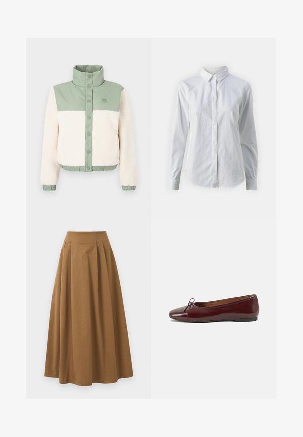 Krátka bunda s mäkkým krémovým fleece telom, zelenými nylonovými ramenami a stojacím golierom so zapínaním na gombíky. Elastický lem a manžety.; Biela košeľa s gombíkmi vyrobená z hladkej bavlny, s klasickým golierom, dlhými rukávmi a zakriveným lemom. Gombíky sú malé a biele.; Hnedá bavlnená sukňa A-línie s vysokým pásom, so skladmi vpredu a hladkou textúrou. Hranice sú čisté a jednoduché.; Burgundské lakované balerínky s okrúhlou špičkou, malou mašľou na prednej strane a nízkou čiernou gumovou podrážkou. Hladký povrch.