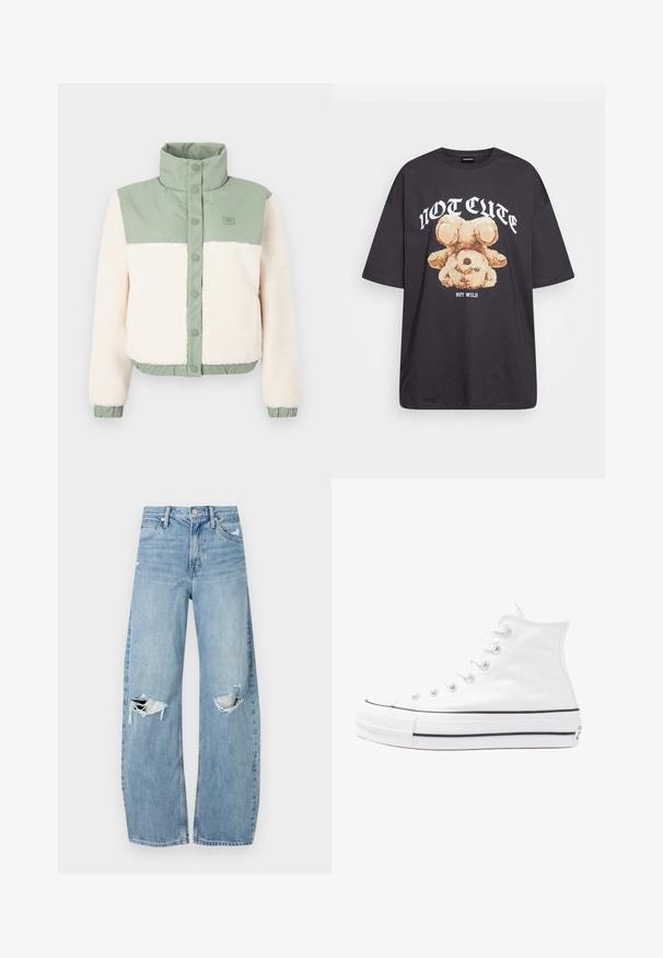 Veste courte avec un corps en polaire crème douce, épaules en nylon vert, et un col montant avec fermeture à boutons. Ourlet et poignets élastiqués.; T-shirt noir oversize avec un graphique d'un ours et le texte « PAS MIGNON MAIS SAUVAGE » en lettres blanches, en gras. Matériau en coton.; Jeans en denim bleu clair à taille haute. Présentent des jambes larges, deux zones déchirées aux genoux et un style classique à cinq poches.; Baskets montantes en toile blanche avec semelle en caoutchouc noir, capuchon en caoutchouc à l'avant, et six œillets pour les lacets, présentant un design épuré et minimaliste.