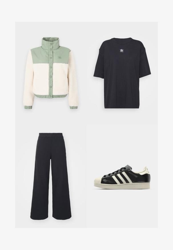 Korte jas met een zacht crèmekleurig fleece lijf, groene nylon schouders en een opstaande kraag met knoopsluiting. Elastische zoom en manchetten.; Zwarte katoenen T-shirt met korte mouwen, ronde halslijn, voorzien van een wit Adidas-logo op de borst. Eenvoudig ontwerp, comfortabele pasvorm.; Zwarte wijde sweatpants gemaakt van zachte stof, met een elastische tailleband en een klein logo aan de linkerkant.; Zwarte leren sneaker met witte strepen, rubberen teenbescherming, zwarte veters en een crèmekleurige loopzool. Glad oppervlak met een glanzende afwerking.
