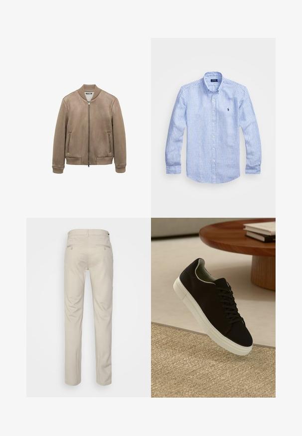 Hnedá semišová bomber bunda s rebrovým golierom, manžetami a spodným okrajom; obsahuje dve zipsové predné vrecká a centrálny zipsový zapínanie.; Modrá a biela prúžkovaná košeľa s dlhými rukávmi vyrobená z bavlny, vybavená golierom na gombíky, prednými gombíkmi a malým vyšitým logom na hrudi.; Béžové nohavice s hladkou textúrou, rovný strih, dve zadné vrecká s gombíkmi a štandardný pás.; Čierna teniska s bielou podrážkou plávajúca nad béžovým textúrovaným kobercom pri okrúhlom drevenom stole s hromadou kníh.