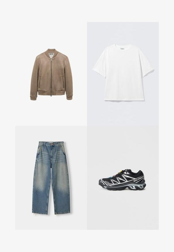 Brown suede bomber jacket with ribbed collar, cuffs, and hem; features two zippered front pockets and a central zipper closure.; White short-sleeve t-shirt made of cotton with a round neckline and relaxed fit. No visible patterns or accents. Simple design.; Light blue denim wide-leg jeans with a faded finish, five-pocket design, and a raw hem. Features a front button and zipper closure.; Black running shoe with silver accents, GORE-TEX material, textured sole, and colorful laces. Features a cushioned heel for support.