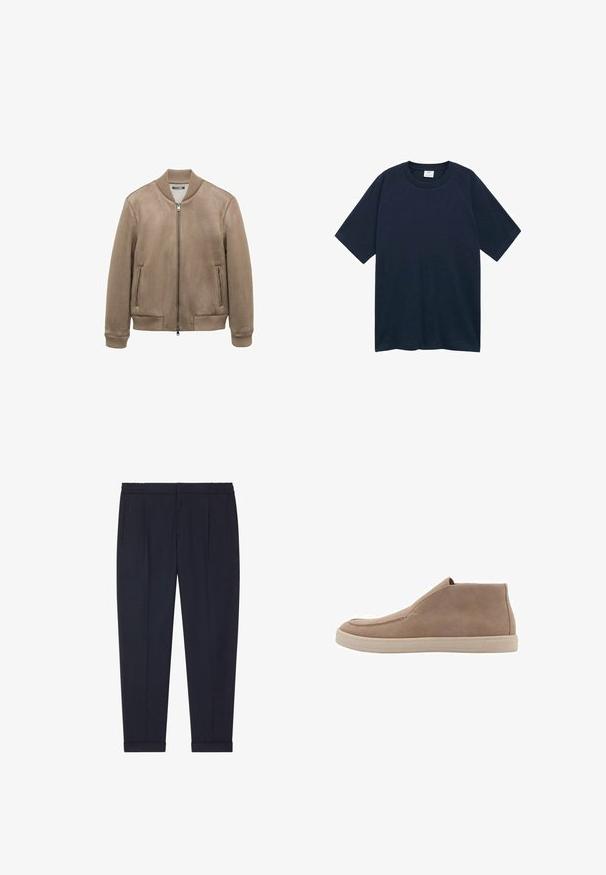 Bruine suede bomberjack met geribbelde kraag, manchetten en zoom; beschikt over twee met rits afgesloten voorzakken en een centrale ritssluiting.; Mango CIRCO - T-shirt basic - royal blue; Marineblauwe broek van een gladde stof met een getailleerde pasvorm, voorzien van twee voorzakken en boorden bij de enkels.; Beige suède enkelschoenen met een ronde neus, elastische zijkanten en een lichtbeige rubbere zool. Minimalistisch ontwerp, geen zichtbare hardware.