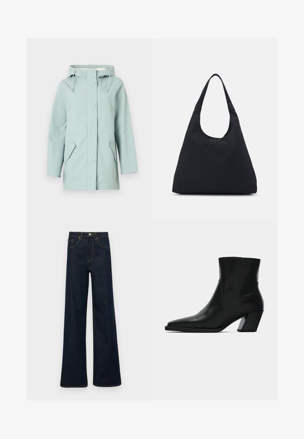 Casaco impermeável azul claro com capuz, fechos de botão, dois bolsos frontais e cordões ajustáveis. Material liso e durável.; Suéter branco de gola alta em malha trançada, com uma silhueta cropped, apresentando punhos e bainha canelados. Textura suave com um design confortável e volumoso.; Calças de ganga largas em azul escuro com bolsos frontais, passadores para cinto e fecho com botão.; Bota de couro preta até o tornozelo com bico fino, silhueta elegante e salto quadrado robusto. Textura suave com detalhes de costura mínimos.; Saco de tecido preto com uma única alça larga. Forma suave e semi-estruturada, com textura lisa; design minimalista, sem hardware visível.